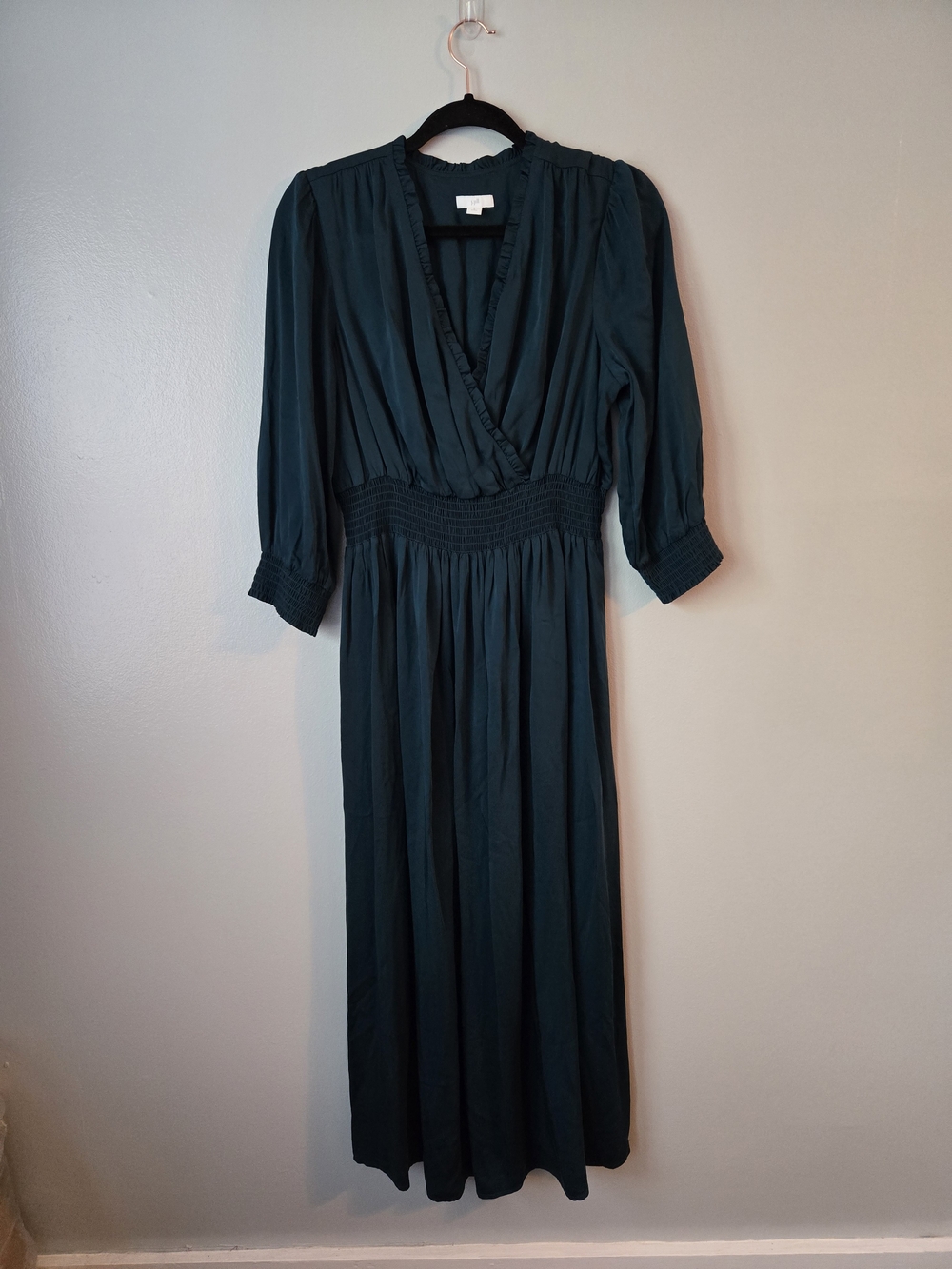 J. Jill Teal Green Ecovero Viscose Maxi Dress Smocked Faux Wrap Medium Petite - Picture 2 of 10